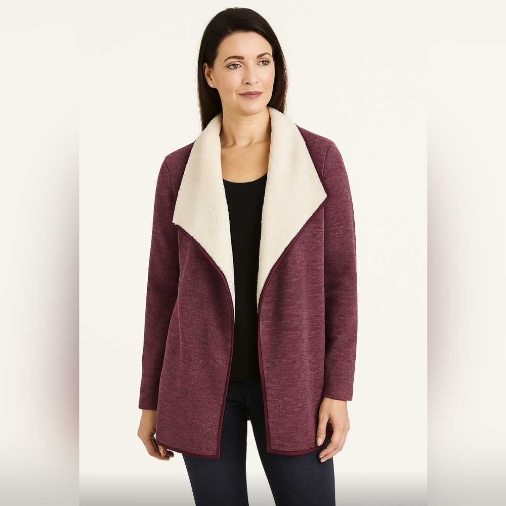 Nicole Miller Originals Open Front Waterfall Cardigan Sweater Sherpa Burgundy